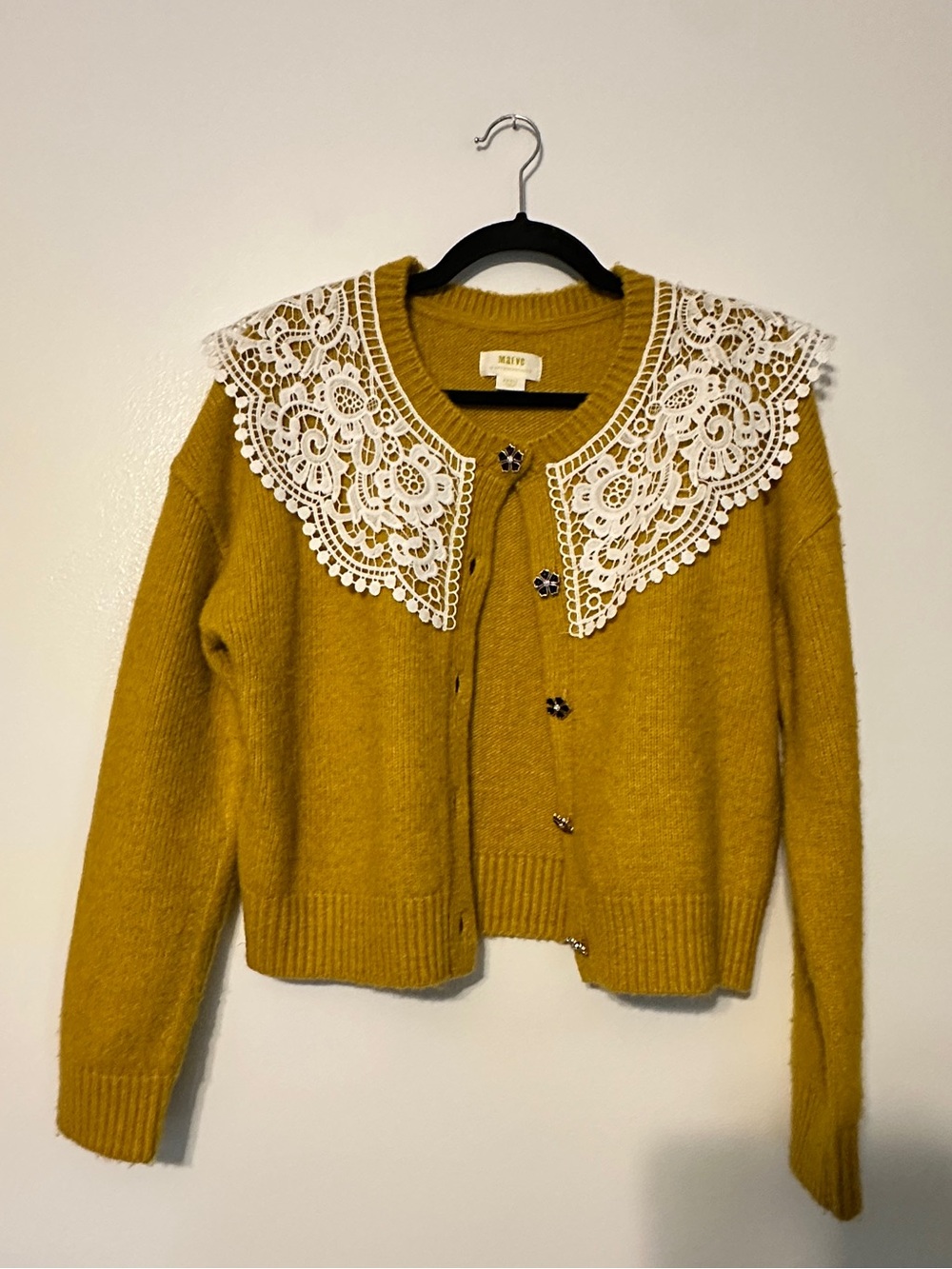Anthro Maeve Lace Collar Mustard Yellow Granny Cardigan size Small - Picture 2 of 5